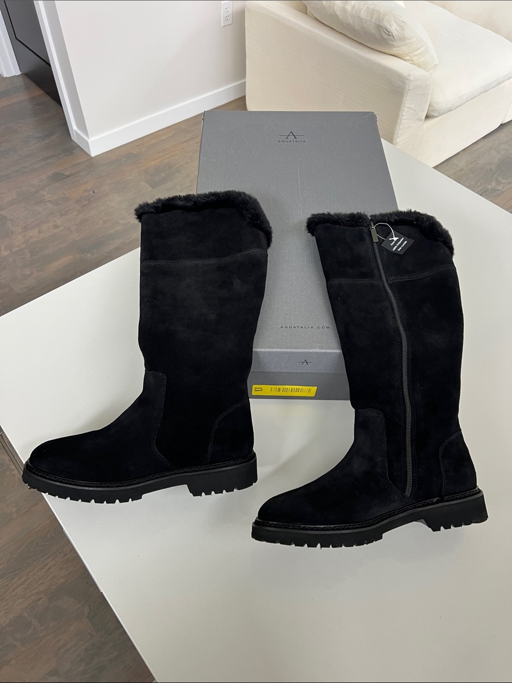 Aquatalia marla black suede leather with faux fur trim long boots size 8.5